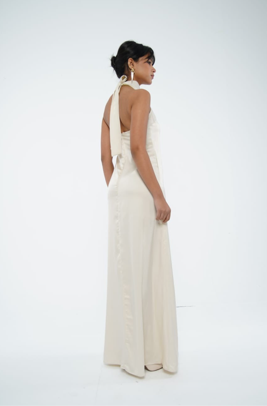 The Greek Goddess Satin Dress in Ivory