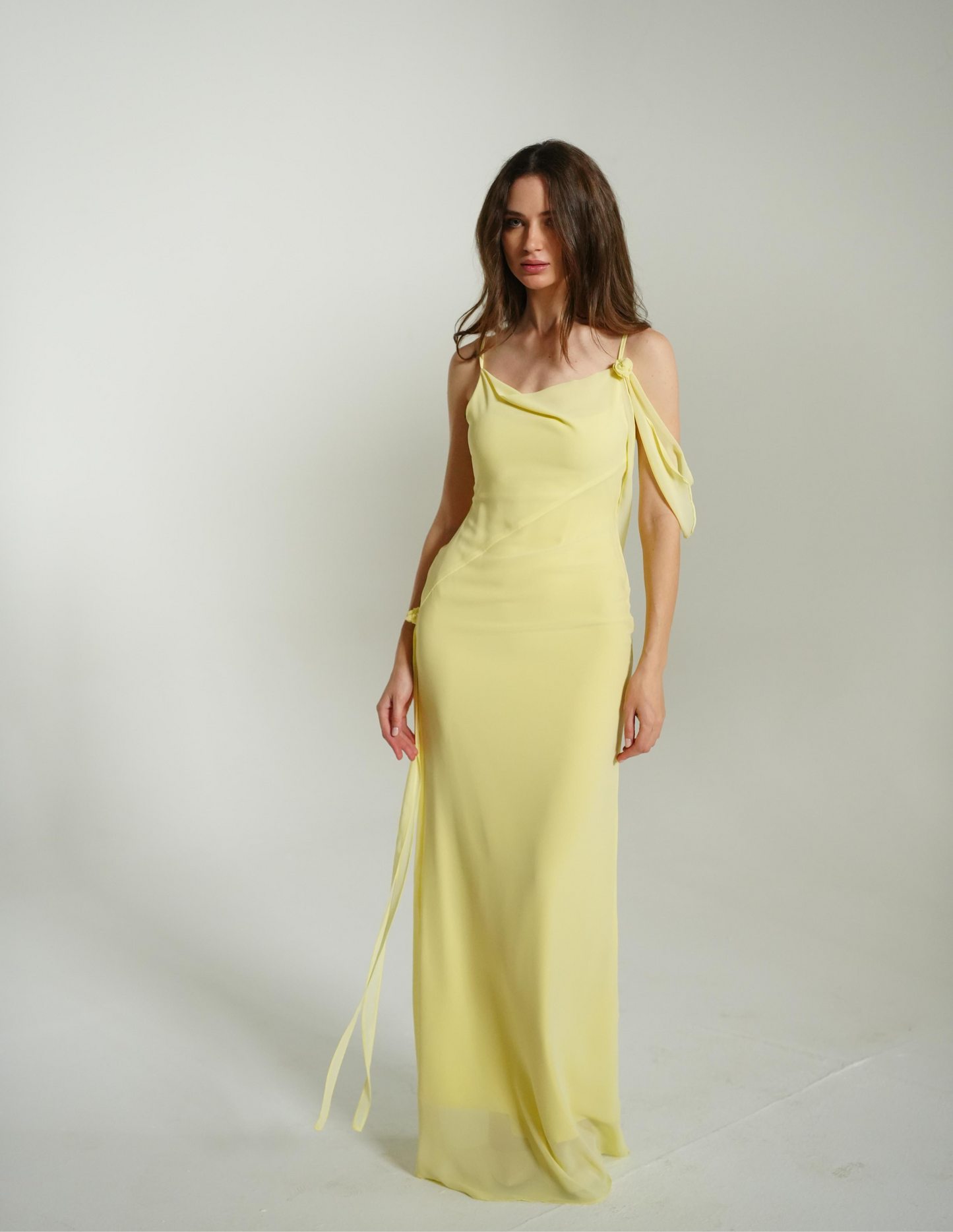 Floral Muse Dress with Removable Shoulder Flower Attachment in Daylily
