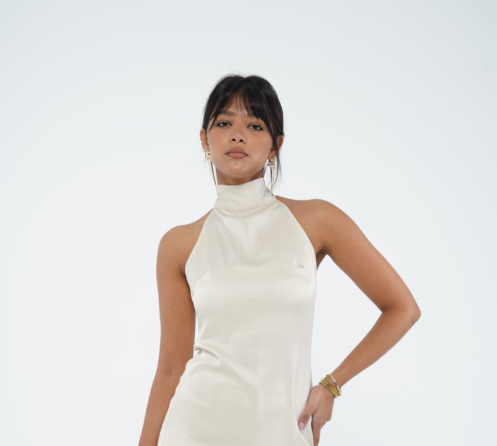 The Greek Goddess Satin Dress in Ivory