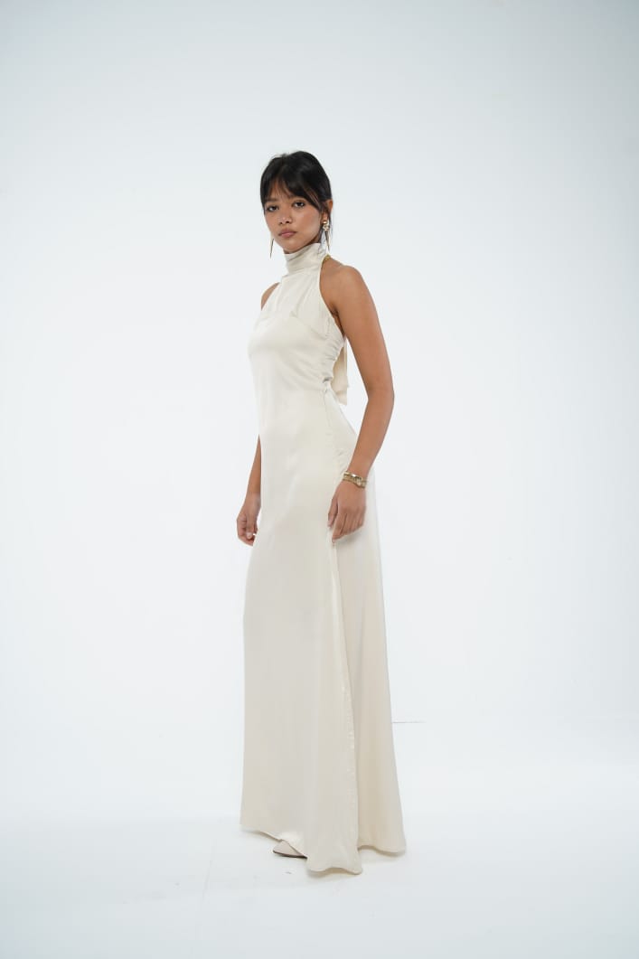 The Greek Goddess Satin Dress in Ivory