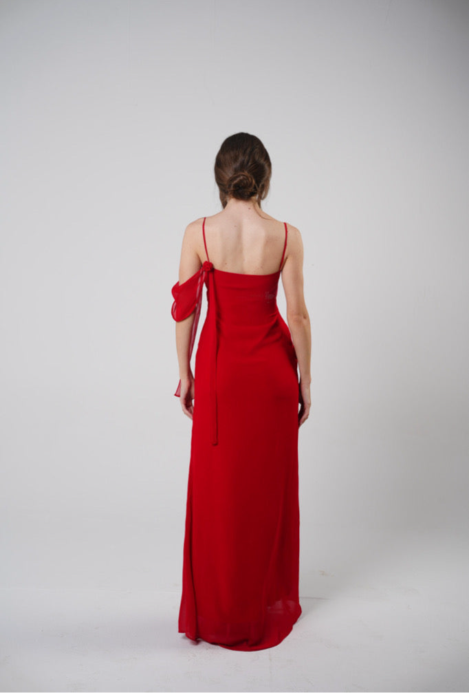 Floral Muse Dress with Removable Shoulder Flower Attachment in Red Rose