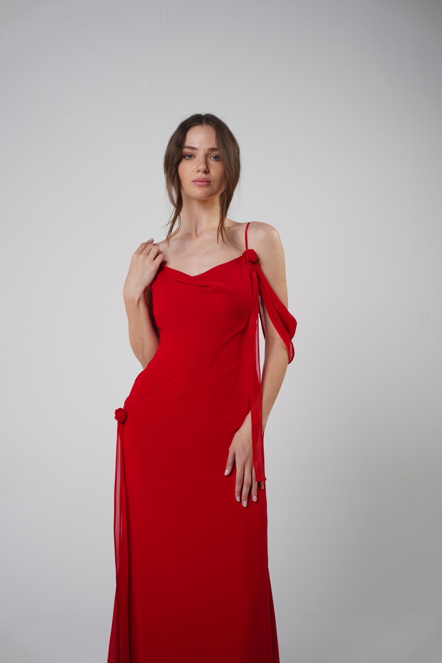 Floral Muse Dress with Removable Shoulder Flower Attachment in Red Rose