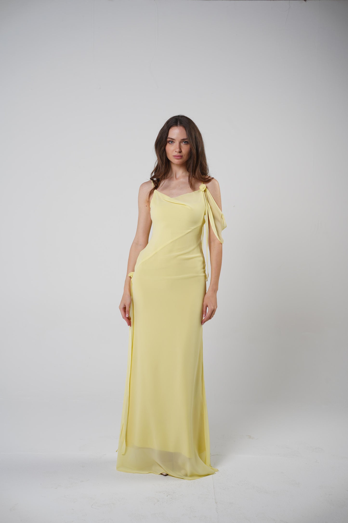 Floral Muse Dress with Removable Shoulder Flower Attachment in Daylily