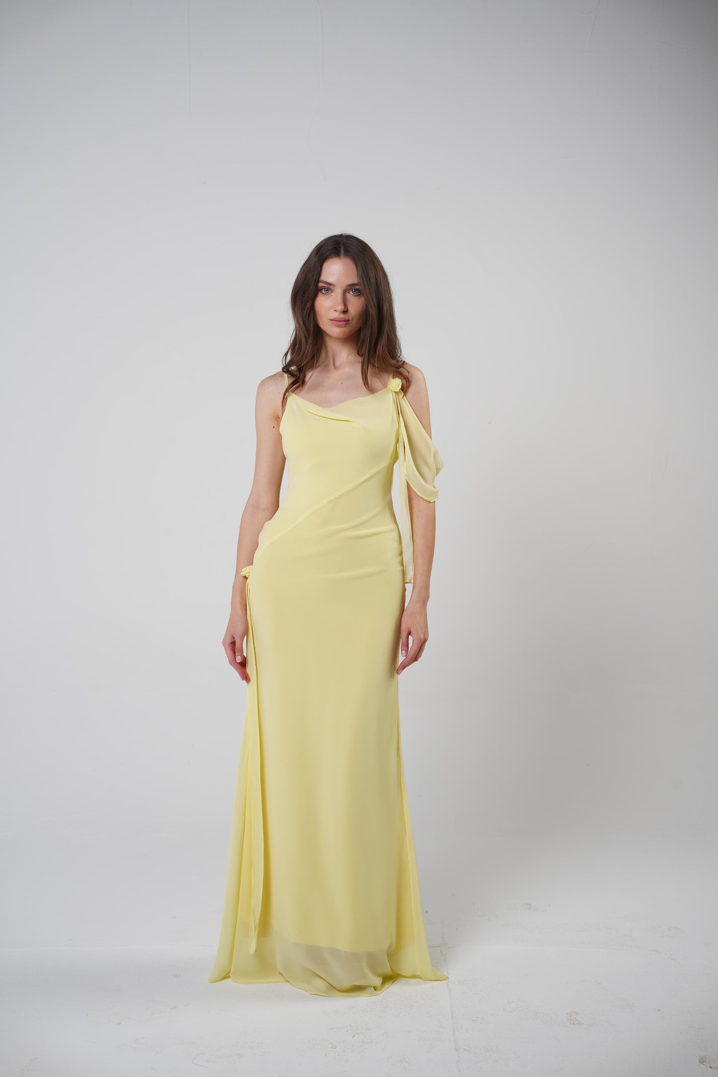 Floral Muse Dress with Removable Shoulder Flower Attachment in Daylily