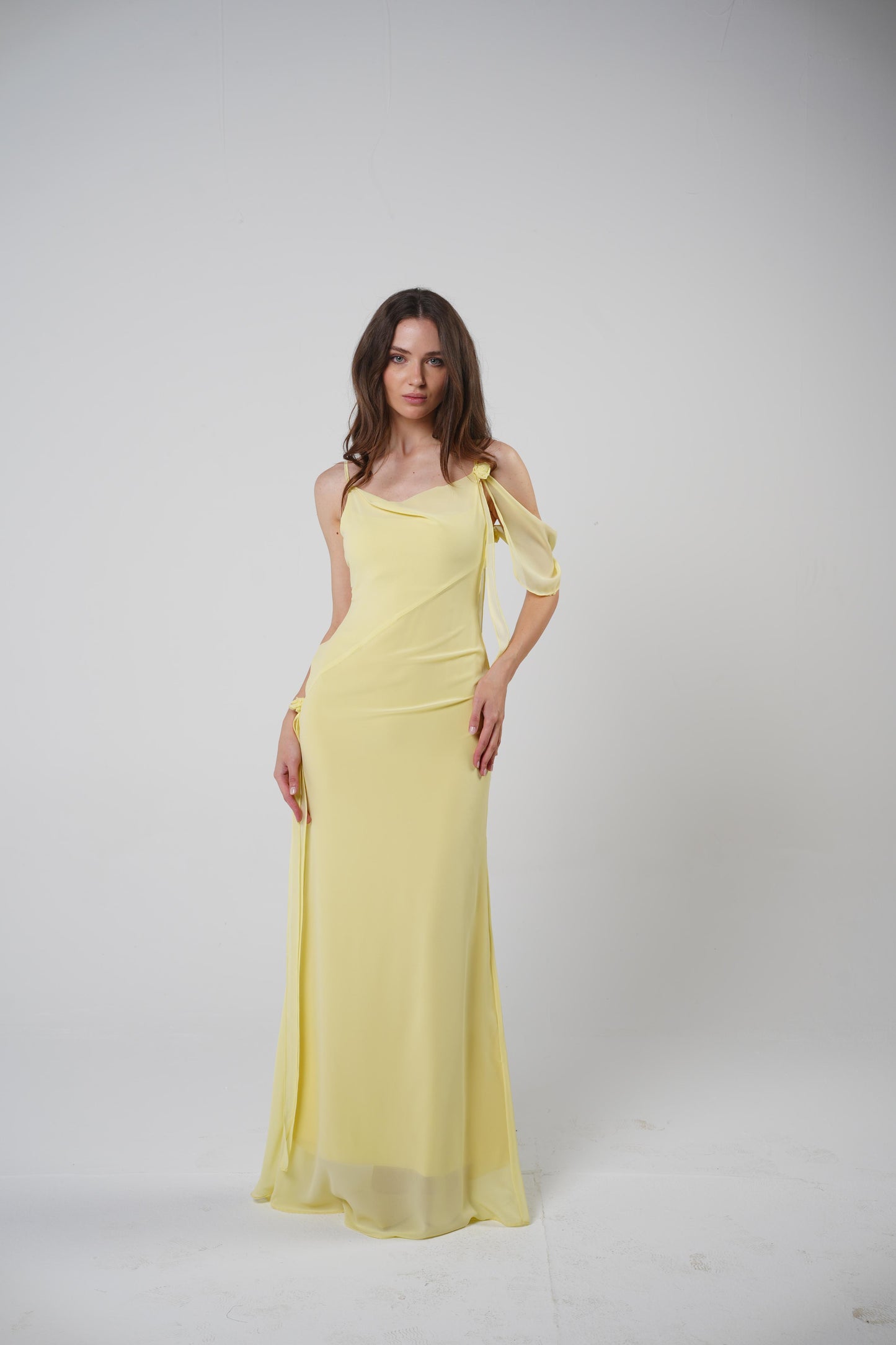 Floral Muse Dress with Removable Shoulder Flower Attachment in Daylily