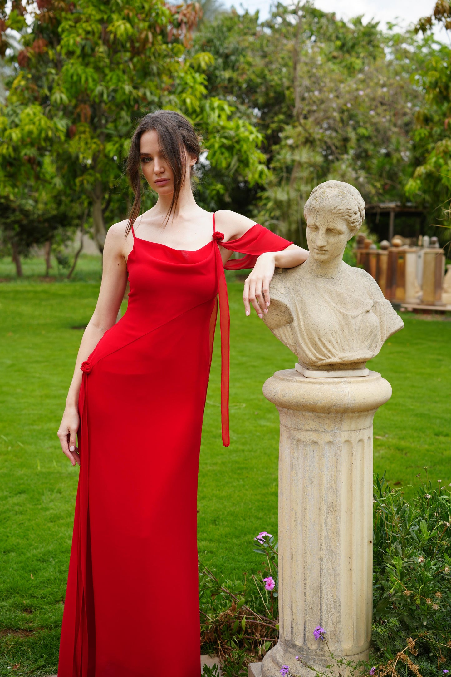 Floral Muse Dress with Removable Shoulder Flower Attachment in Red Rose