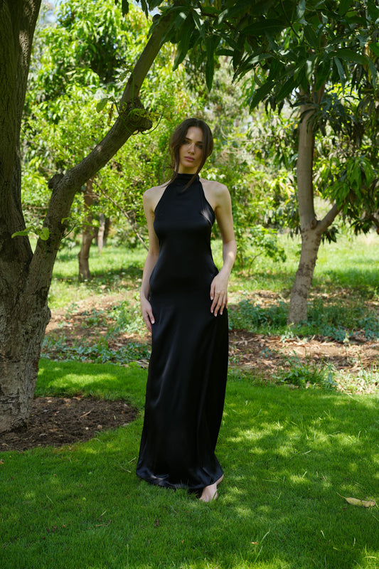 The Greek Goddess Satin Dress - Black