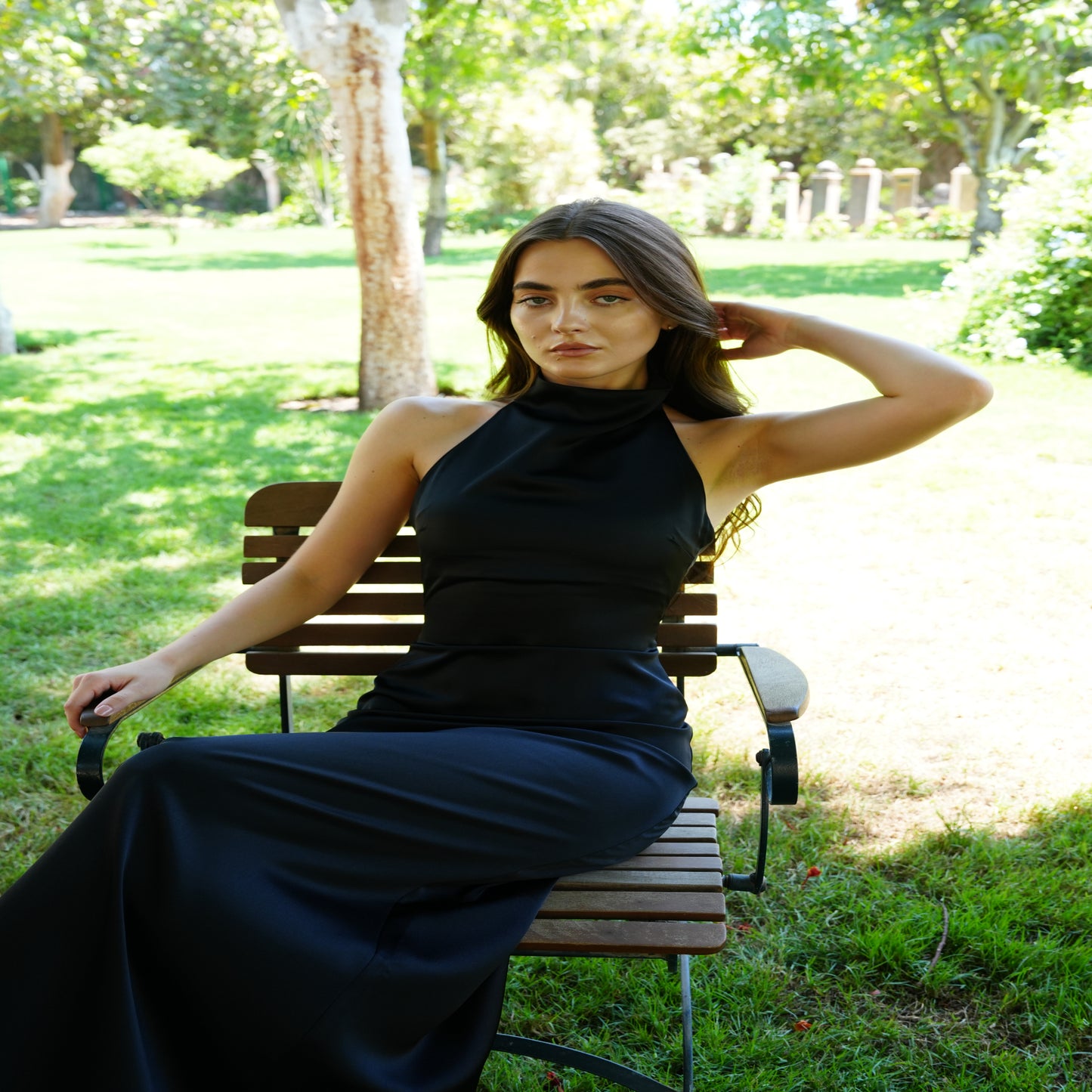 Celine Satin Dress in Midnight Black