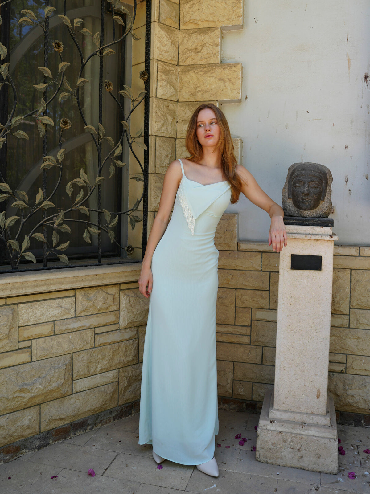 The Anniversary Dress with Handmade Dangling Embroidery in Mentha