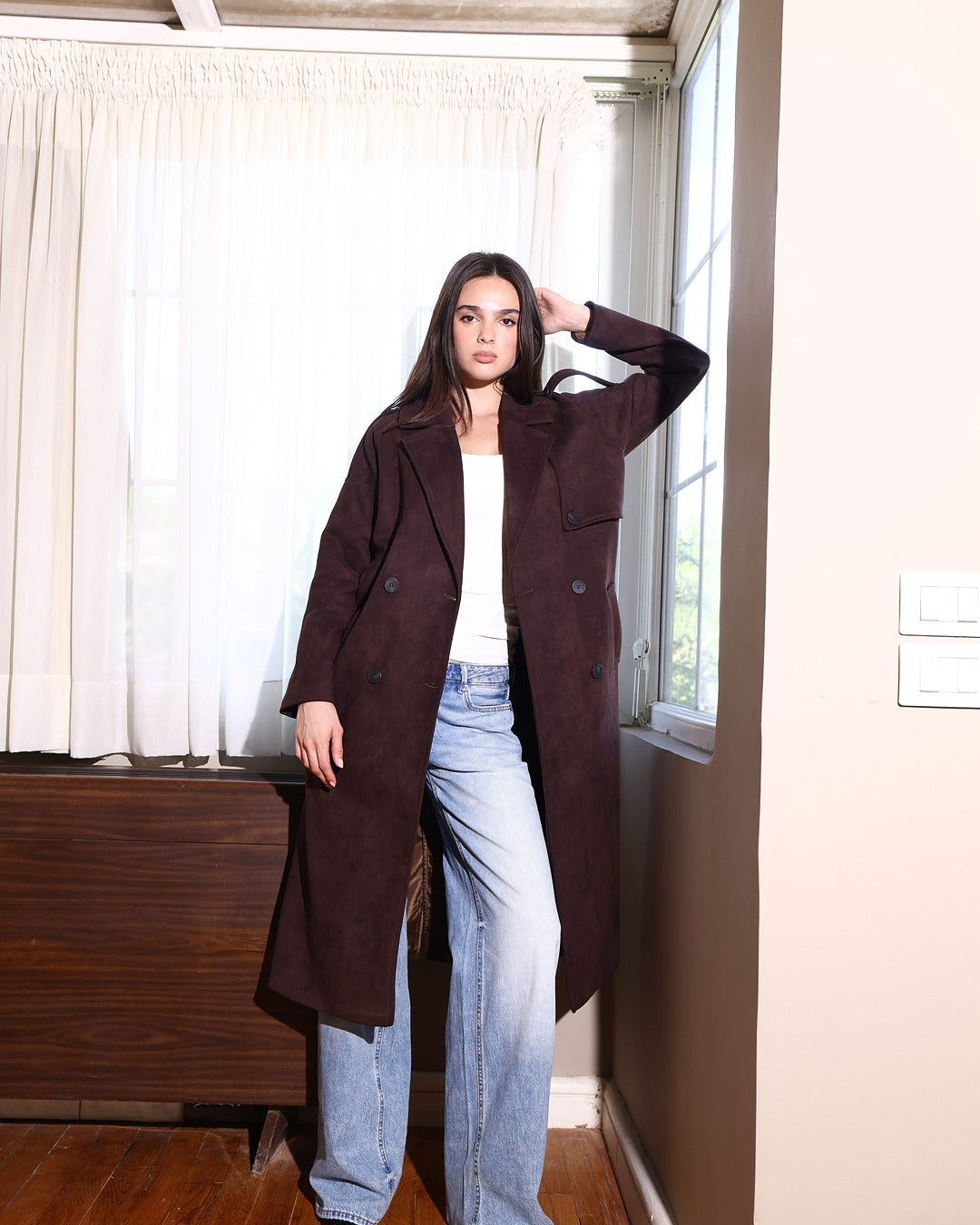 The Suede Statement Coat in Chocolate Brown