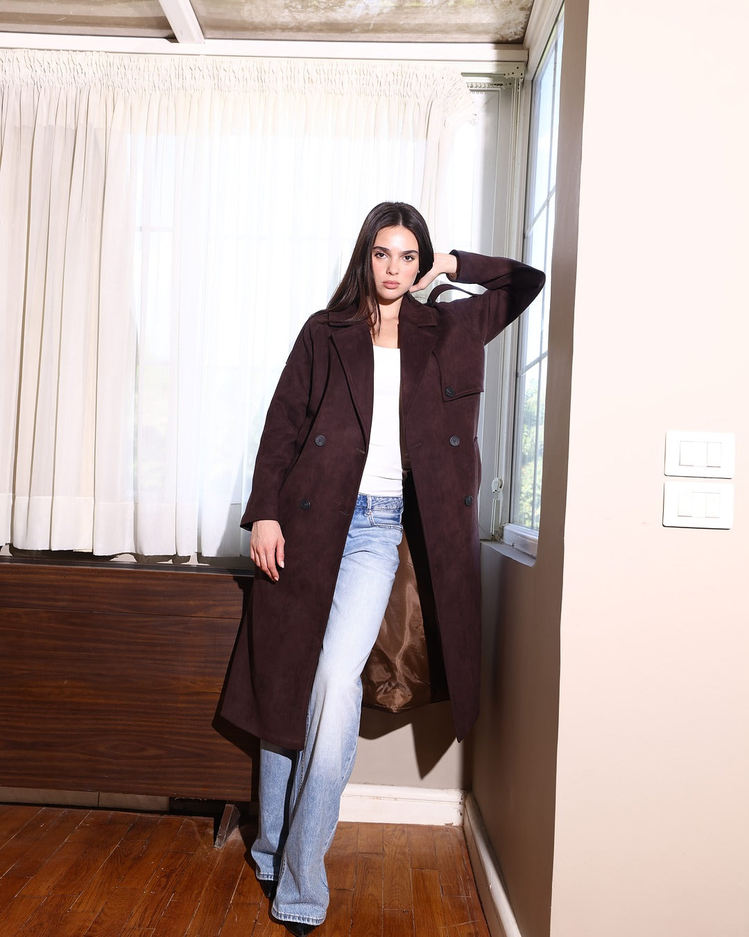 The Suede Statement Coat in Chocolate Brown