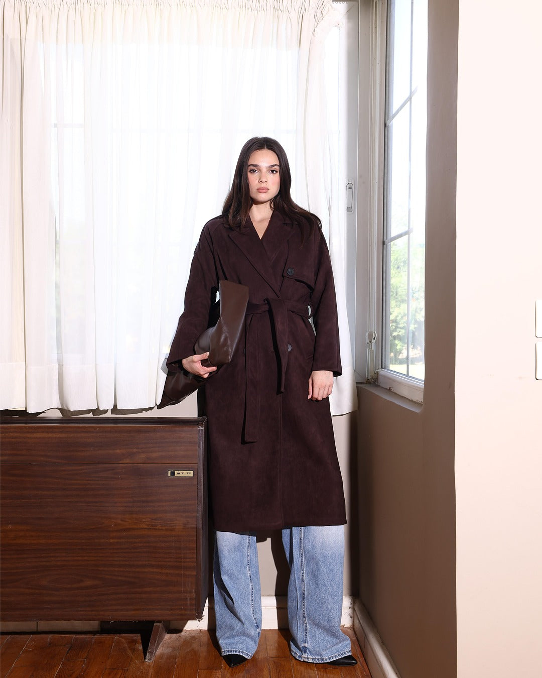 The Suede Statement Coat in Chocolate Brown