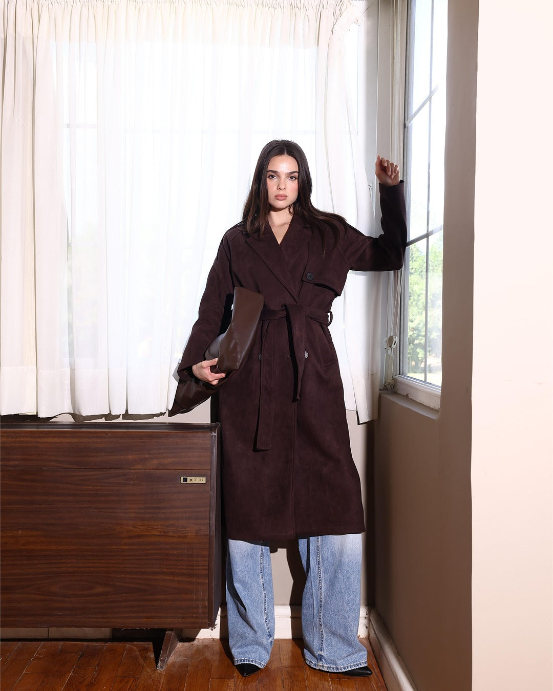 The Suede Statement Coat in Chocolate Brown