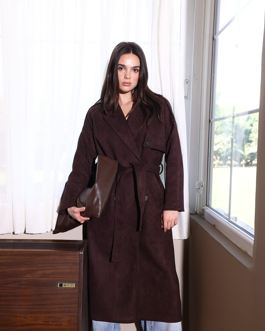 The Suede Statement Coat in Chocolate Brown