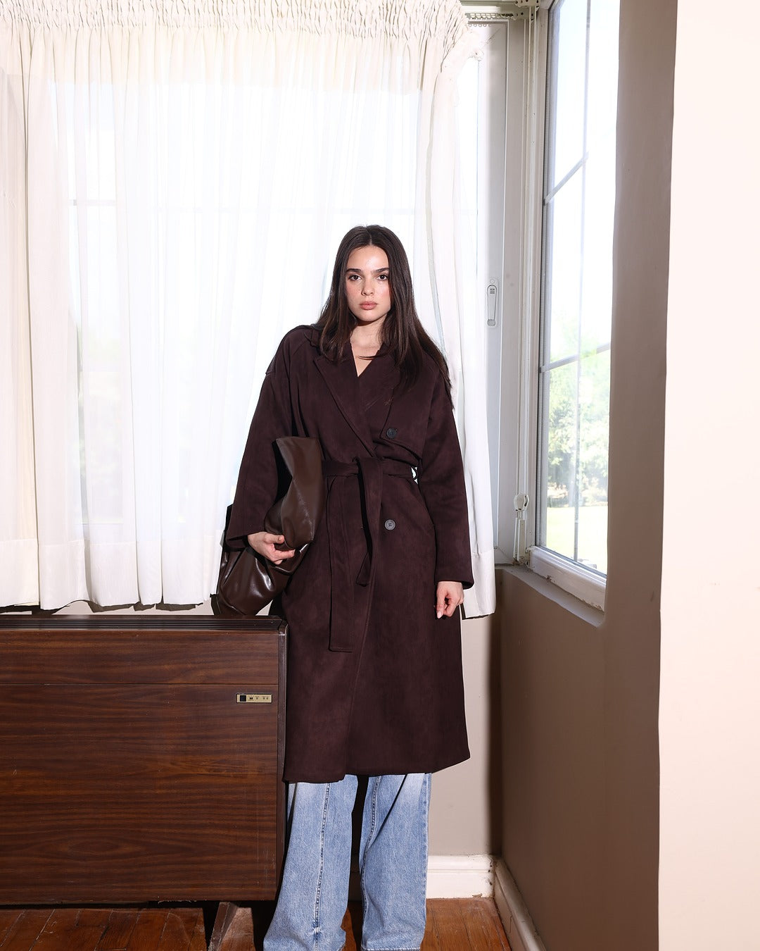 The Suede Statement Coat in Chocolate Brown