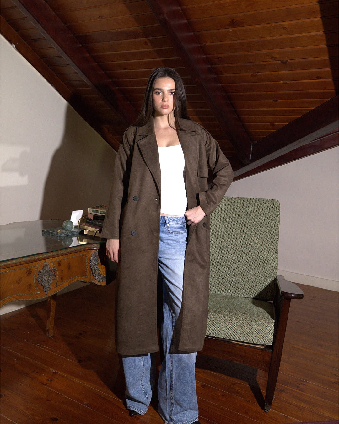 The Suede Statement Coat in Espresso Brown