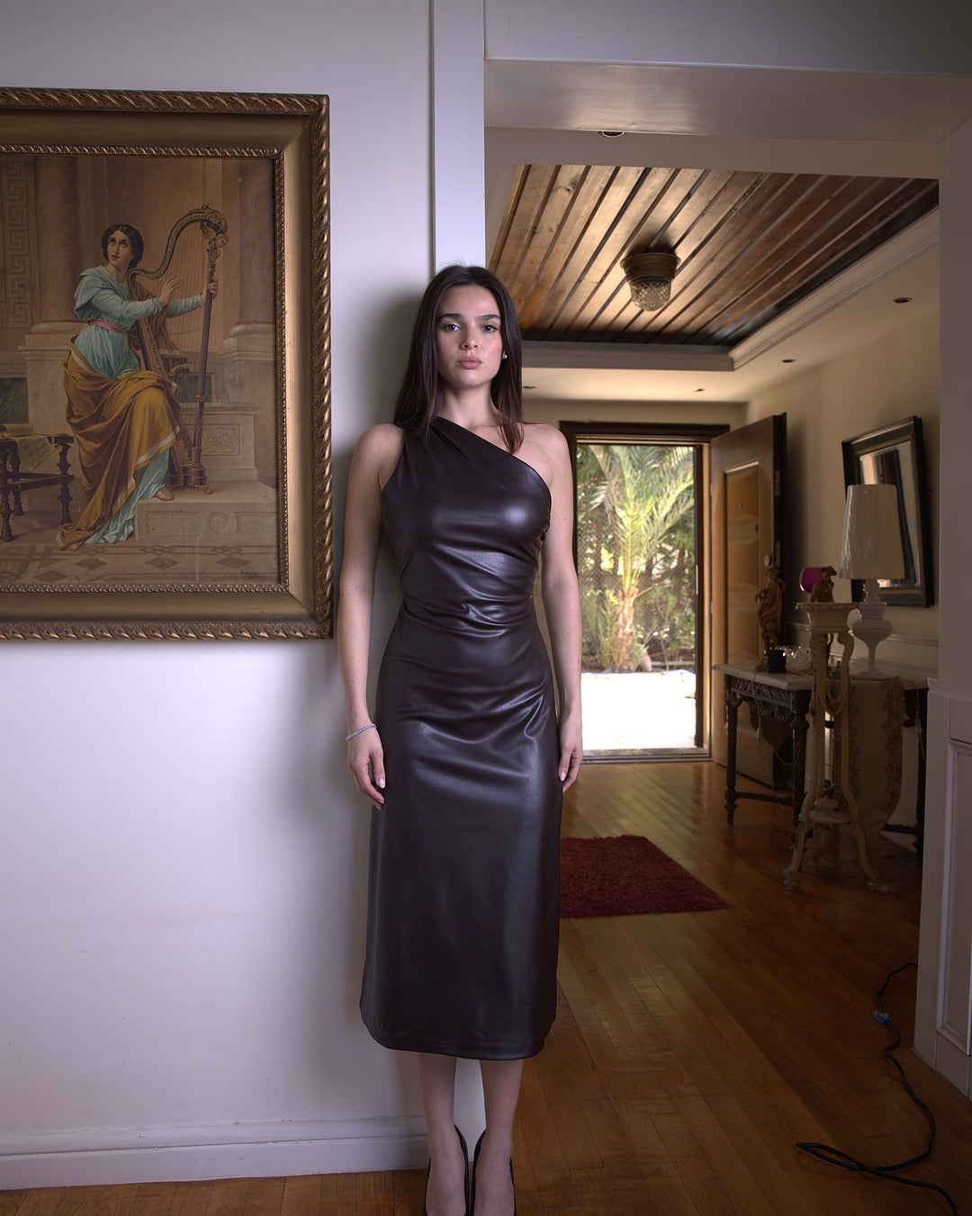 Eclipse Open Back Leather Dress in Chocolate Brown