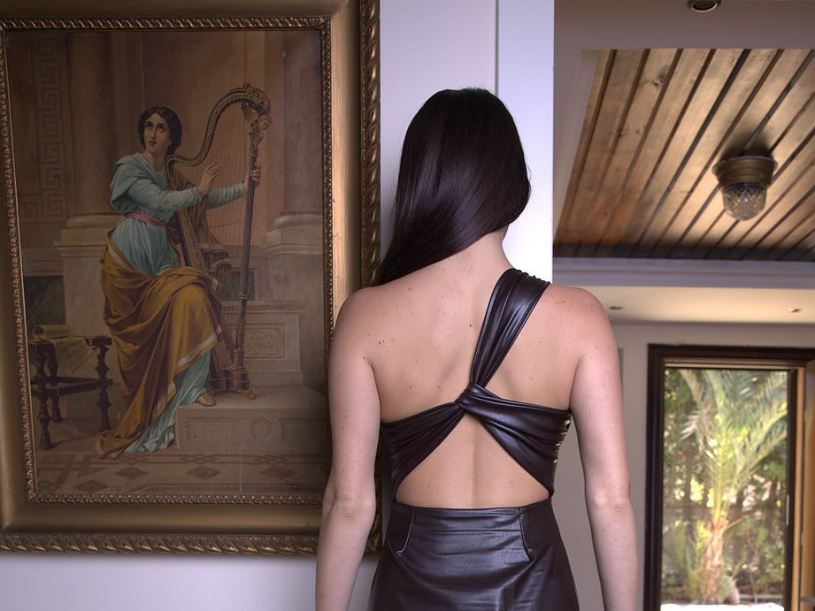 Eclipse Open Back Leather Dress in Chocolate Brown