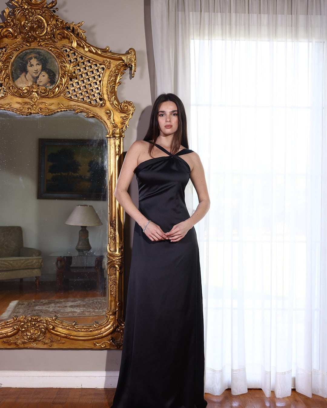 The Double Wear Aphrodite Satin Dress in Black