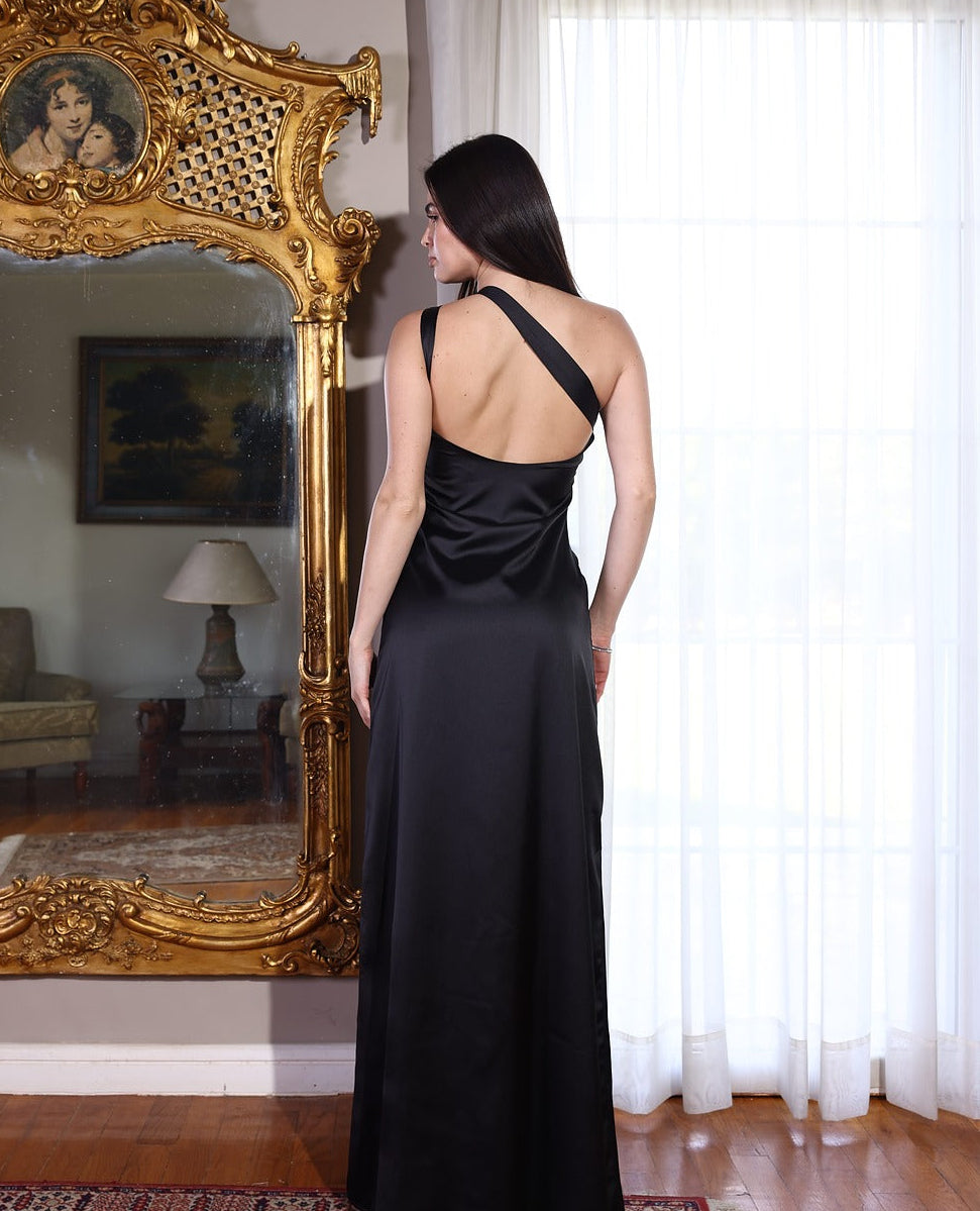 The Double Wear Aphrodite Satin Dress in Black