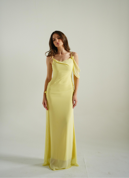 The Muse Dress with Removable Shoulder Flower Attachment in Daylily