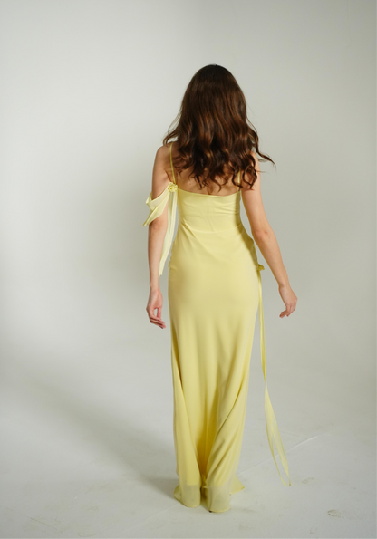 The Muse Dress with Removable Shoulder Flower Attachment in Daylily