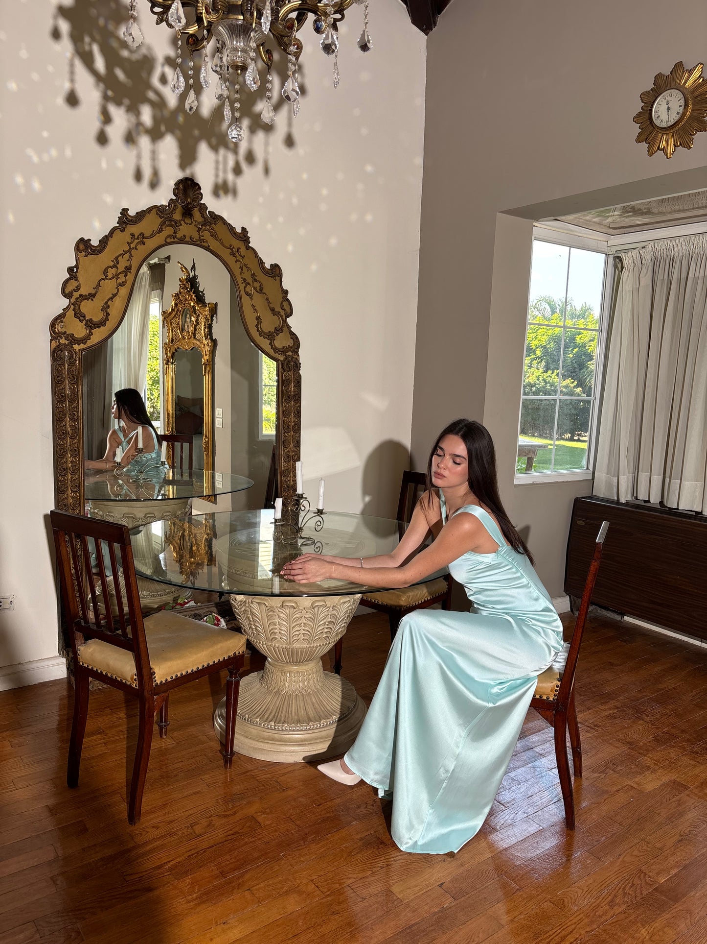 The Double Wear Aphrodite Satin Dress in Aqua