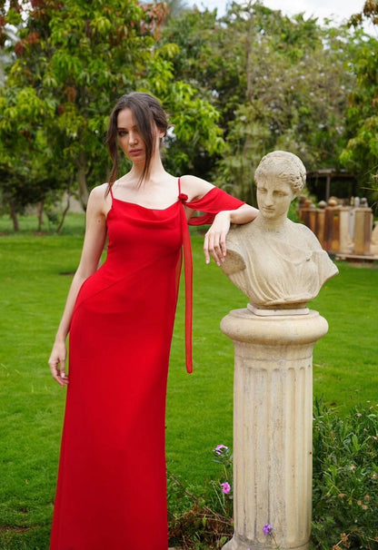 The Muse Dress with Removable Shoulder Flower Attachment in Red Rose