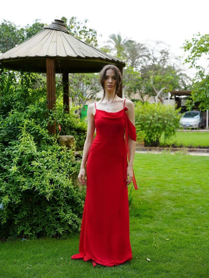 The Muse Dress with Removable Shoulder Flower Attachment in Red Rose