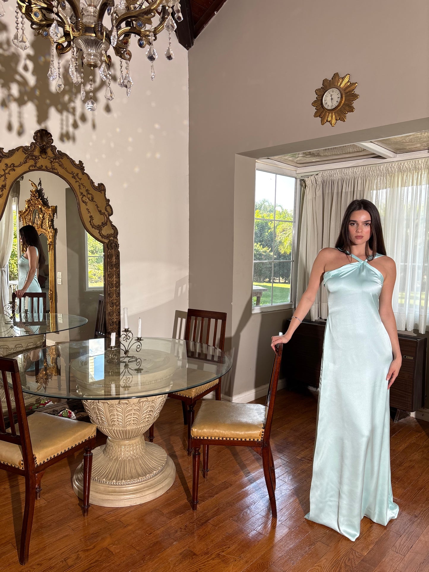 The Double Wear Aphrodite Satin Dress in Aqua