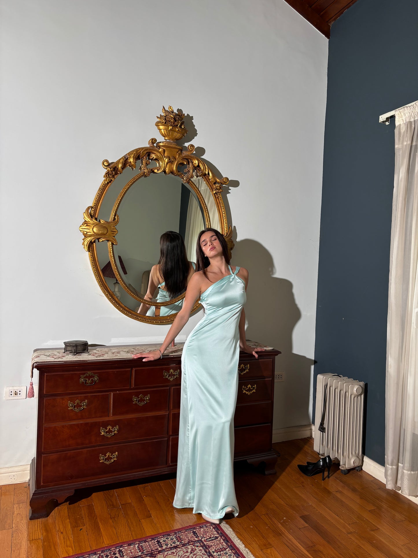 The Double Wear Aphrodite Satin Dress in Aqua