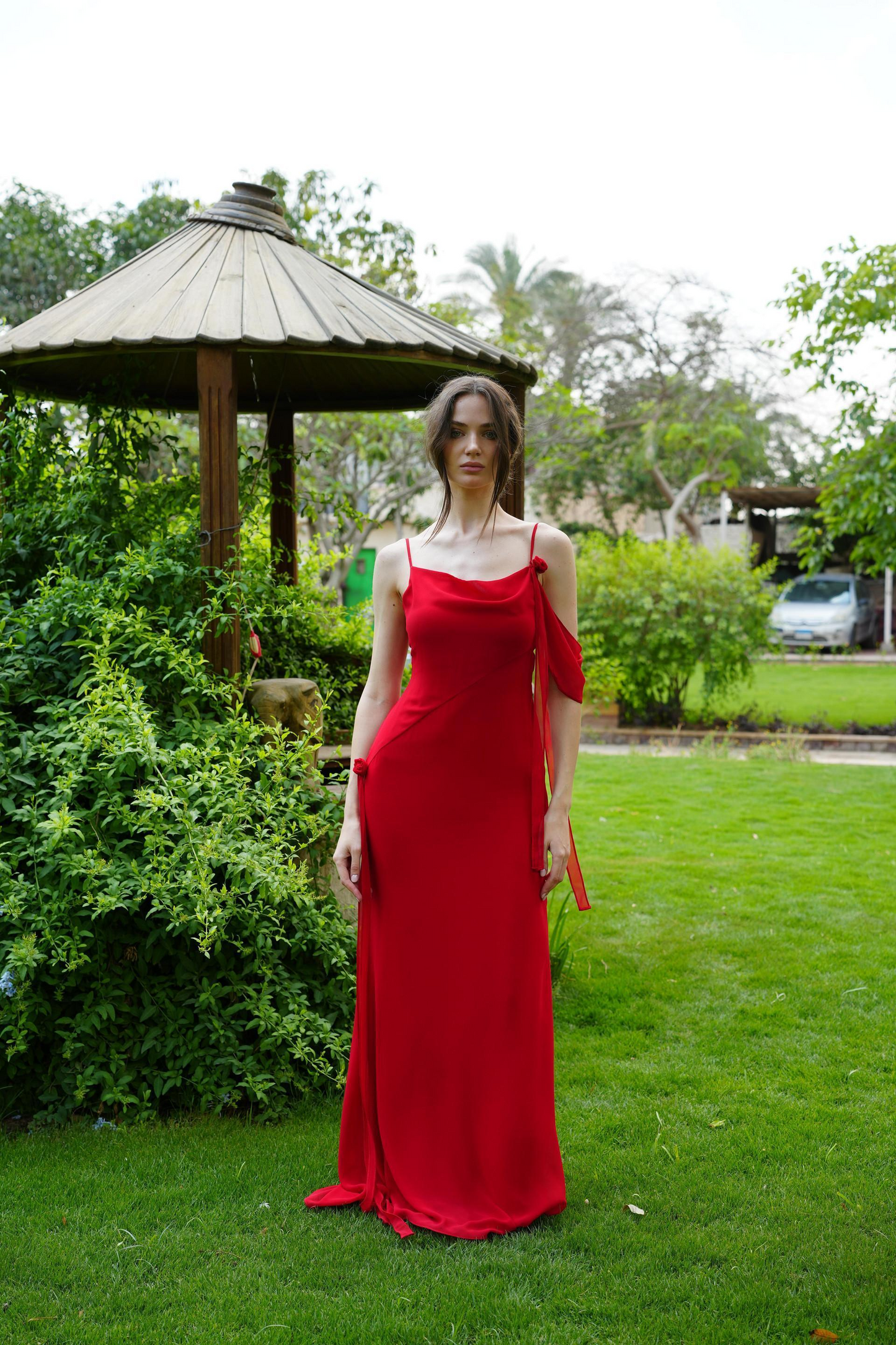 Floral Muse Dress with Removable Shoulder Flower Attachment in Red Rose