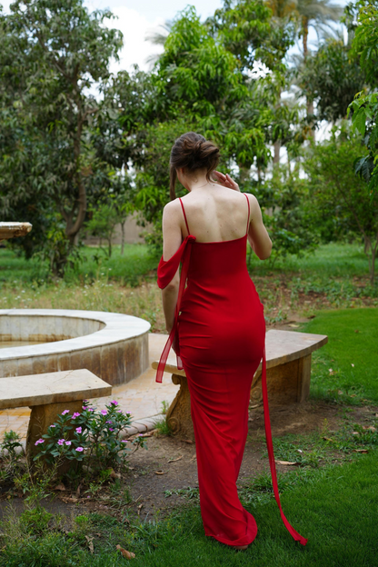 The Muse Dress with Removable Shoulder Flower Attachment in Red Rose