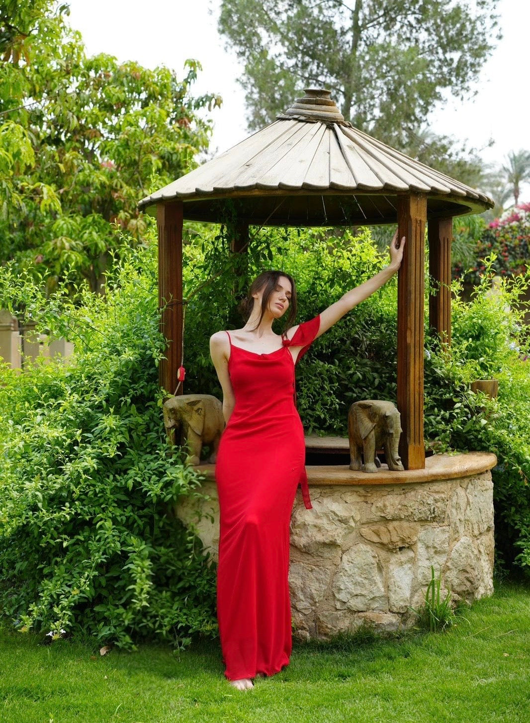 The Muse Dress with Removable Shoulder Flower Attachment in Red Rose
