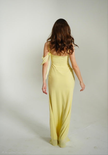 The Muse Dress with Removable Shoulder Flower Attachment in Daylily