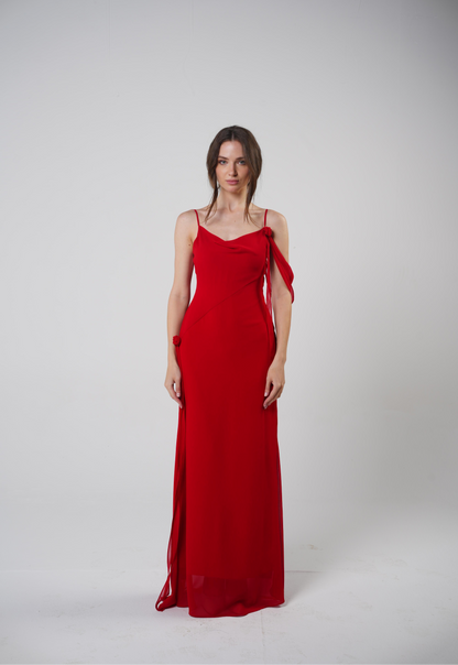 The Muse Dress with Removable Shoulder Flower Attachment in Red Rose