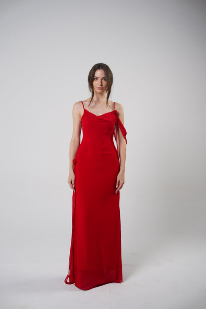The Muse Dress with Removable Shoulder Flower Attachment in Red Rose