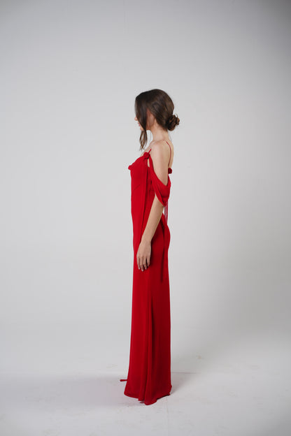 The Muse Dress with Removable Shoulder Flower Attachment in Red Rose