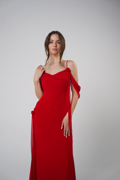 The Muse Dress with Removable Shoulder Flower Attachment in Red Rose