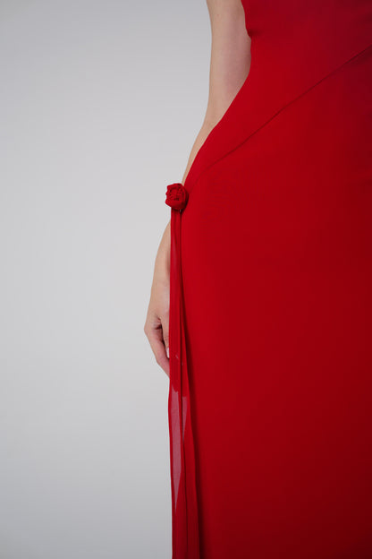 The Muse Dress with Removable Shoulder Flower Attachment in Red Rose