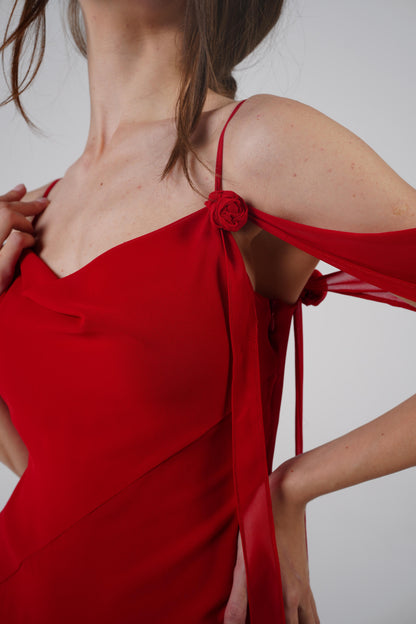 The Muse Dress with Removable Shoulder Flower Attachment in Red Rose