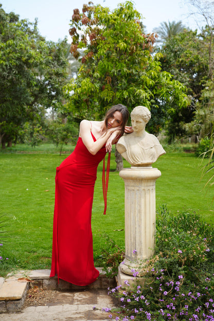 The Muse Dress with Removable Shoulder Flower Attachment in Red Rose