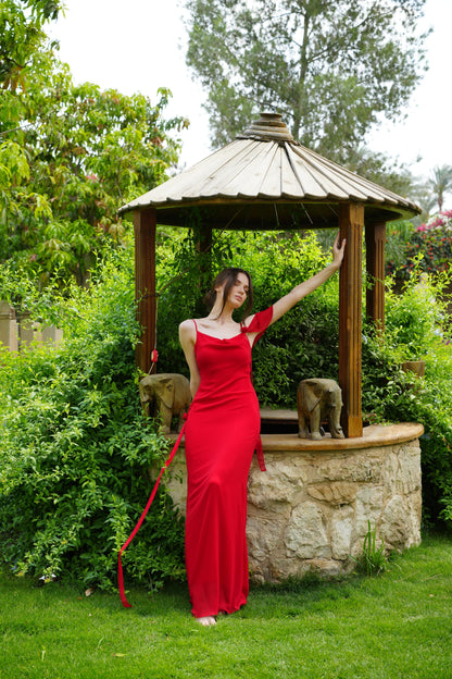 The Muse Dress with Removable Shoulder Flower Attachment in Red Rose