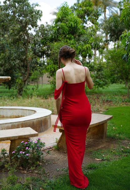 The Muse Dress with Removable Shoulder Flower Attachment in Red Rose