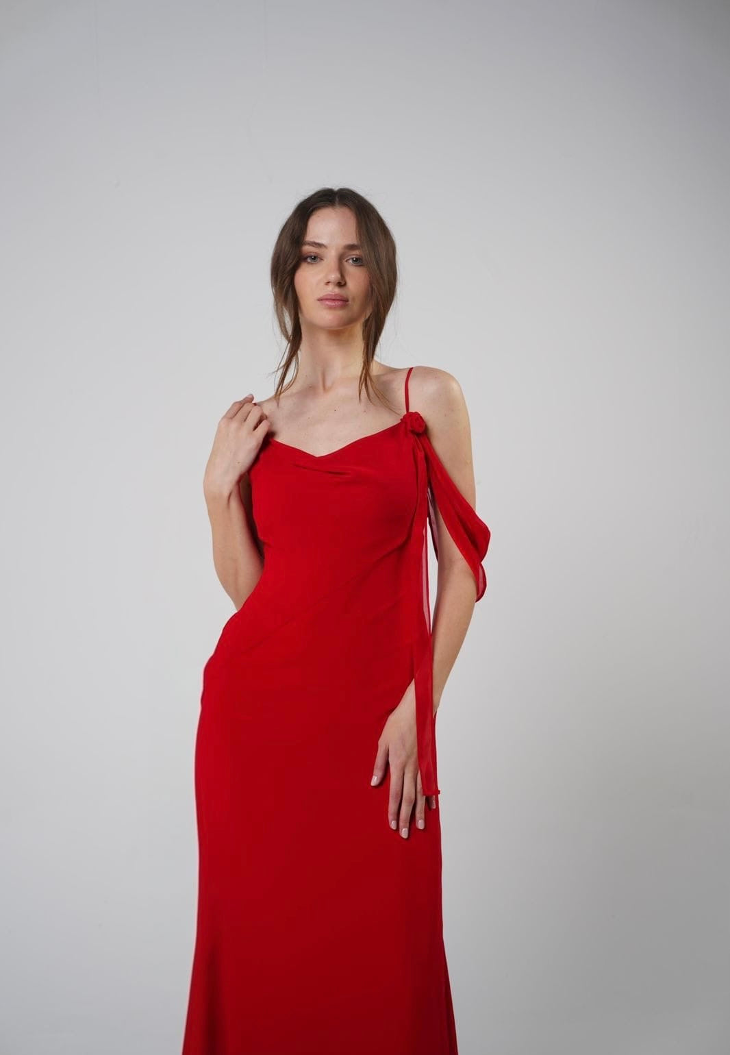 The Muse Dress with Removable Shoulder Flower Attachment in Red Rose