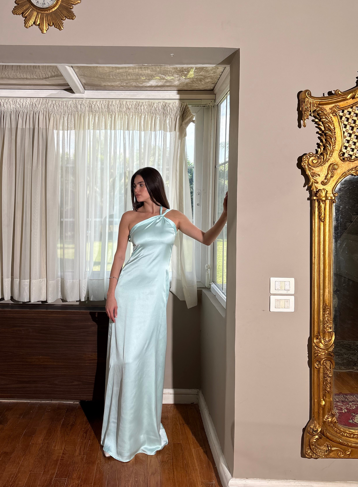 The Double Wear Aphrodite Satin Dress in Aqua