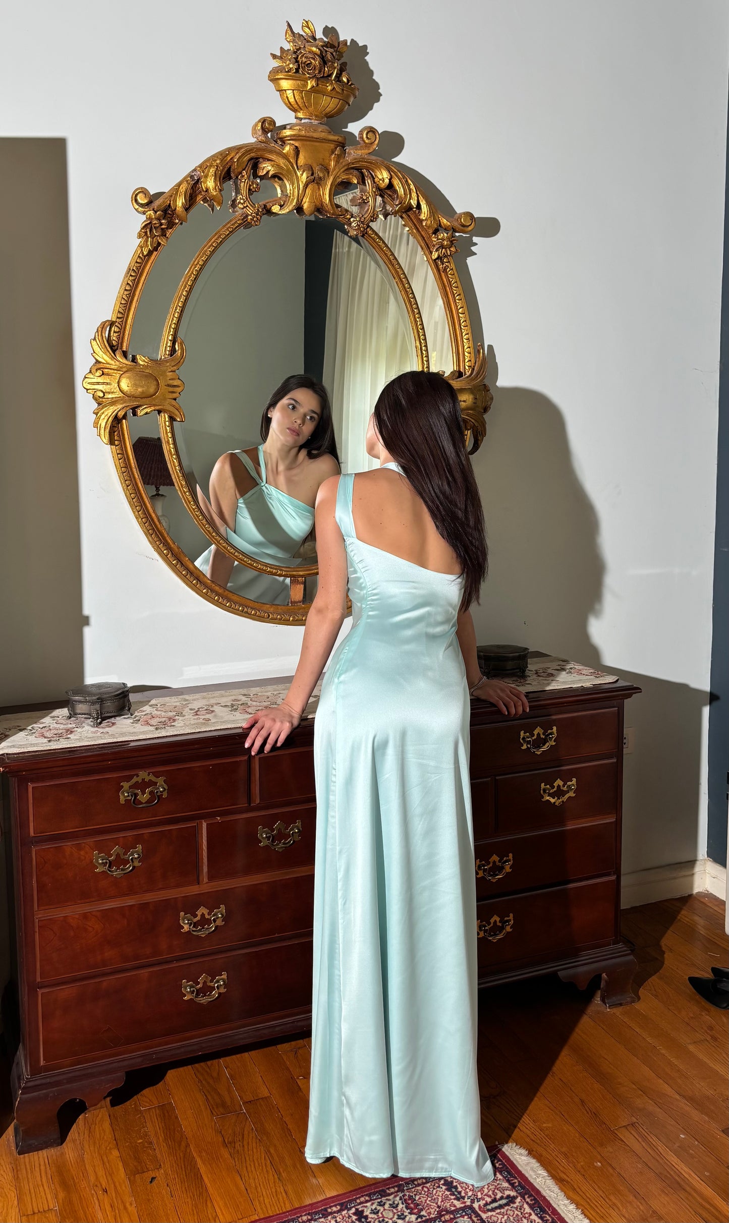 The Double Wear Aphrodite Satin Dress in Aqua