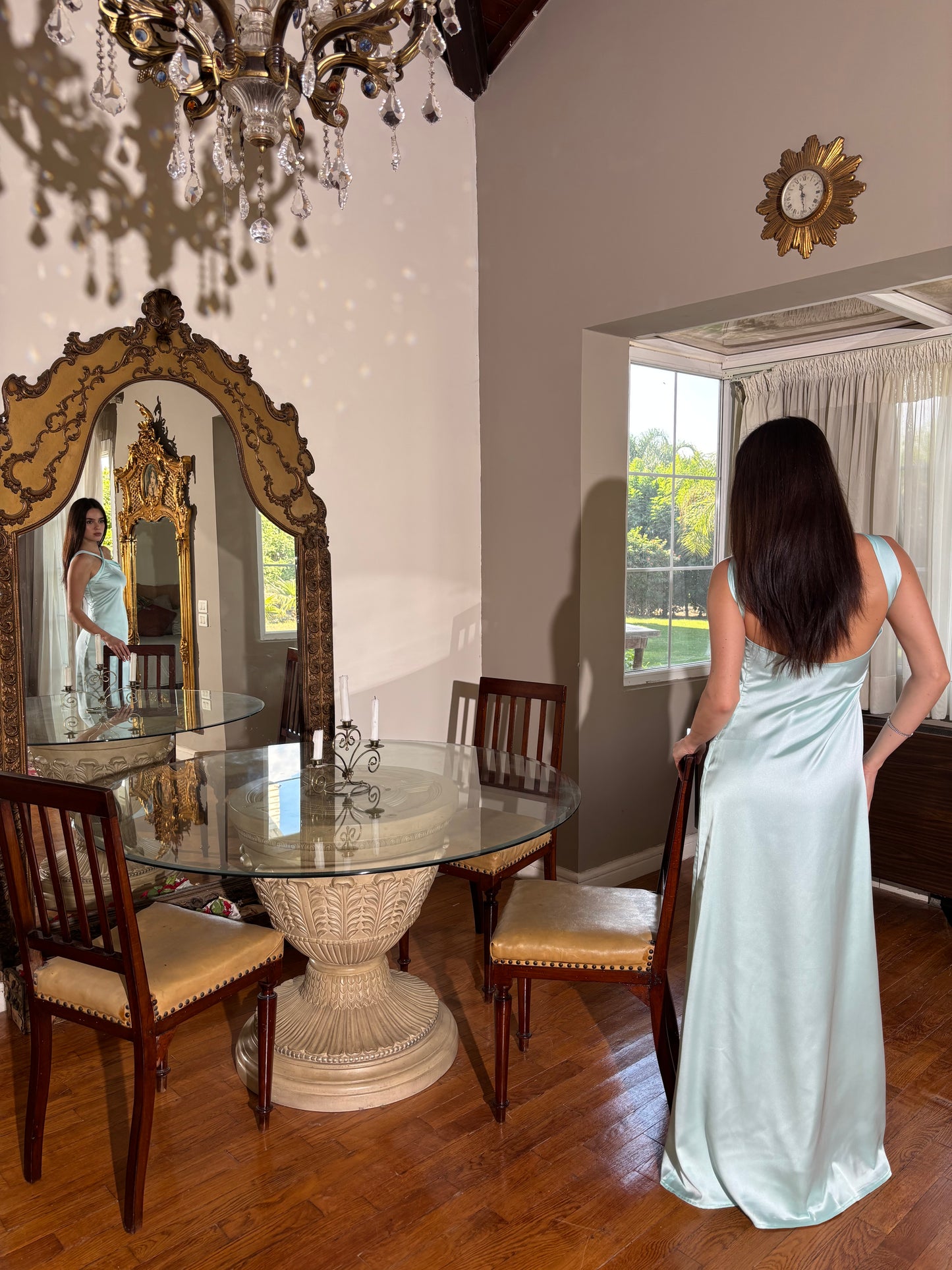 The Double Wear Aphrodite Satin Dress in Aqua