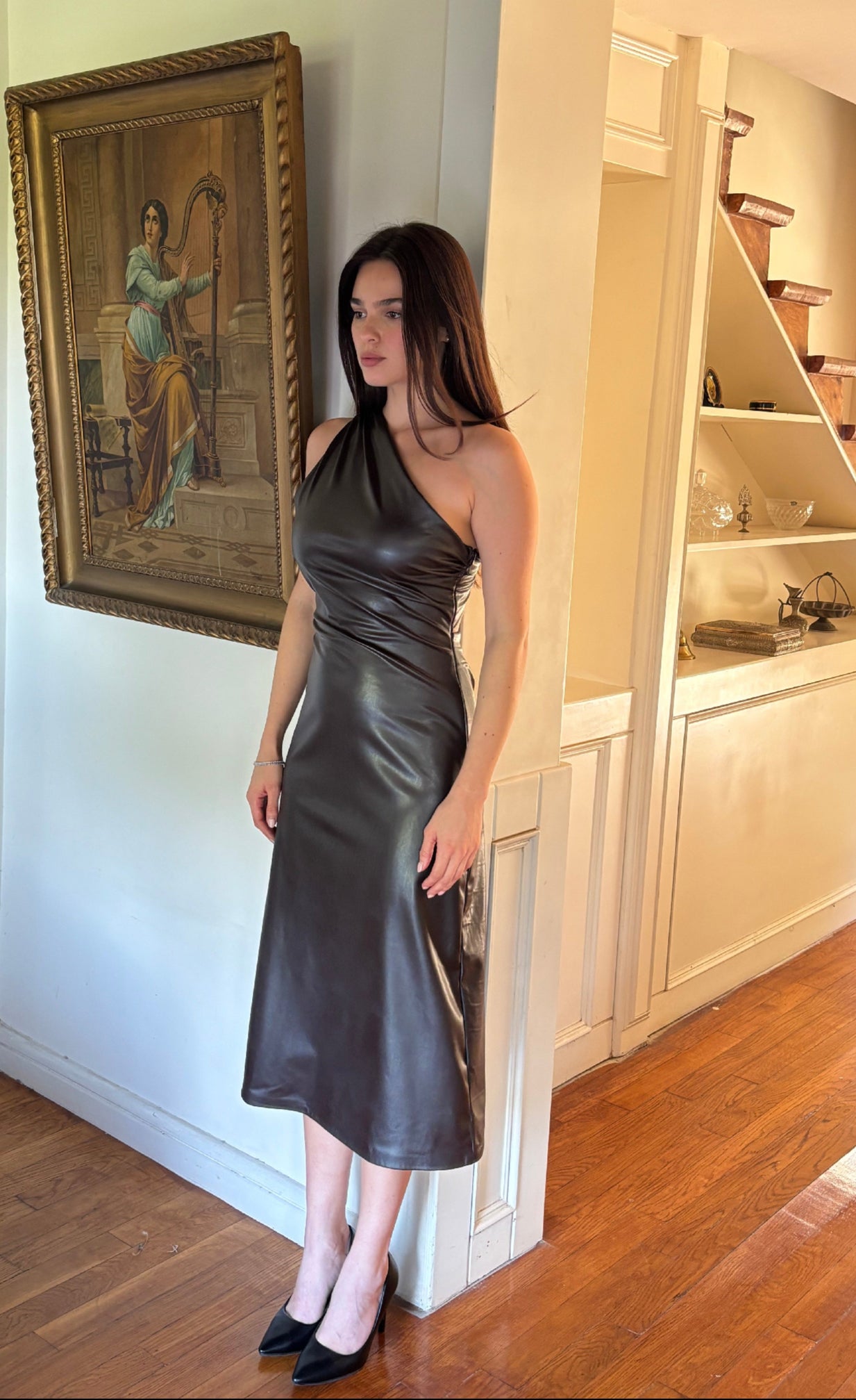 Eclipse Open Back Leather Dress in Chocolate Brown