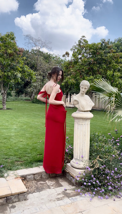 The Muse Dress with Removable Shoulder Flower Attachment in Red Rose
